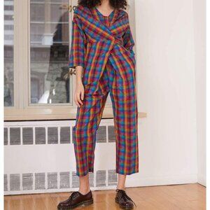 Rujuta Sheth Venus Bright Multi Color Mini Check Tie Front 3/4 Sleeve Jumpsuit